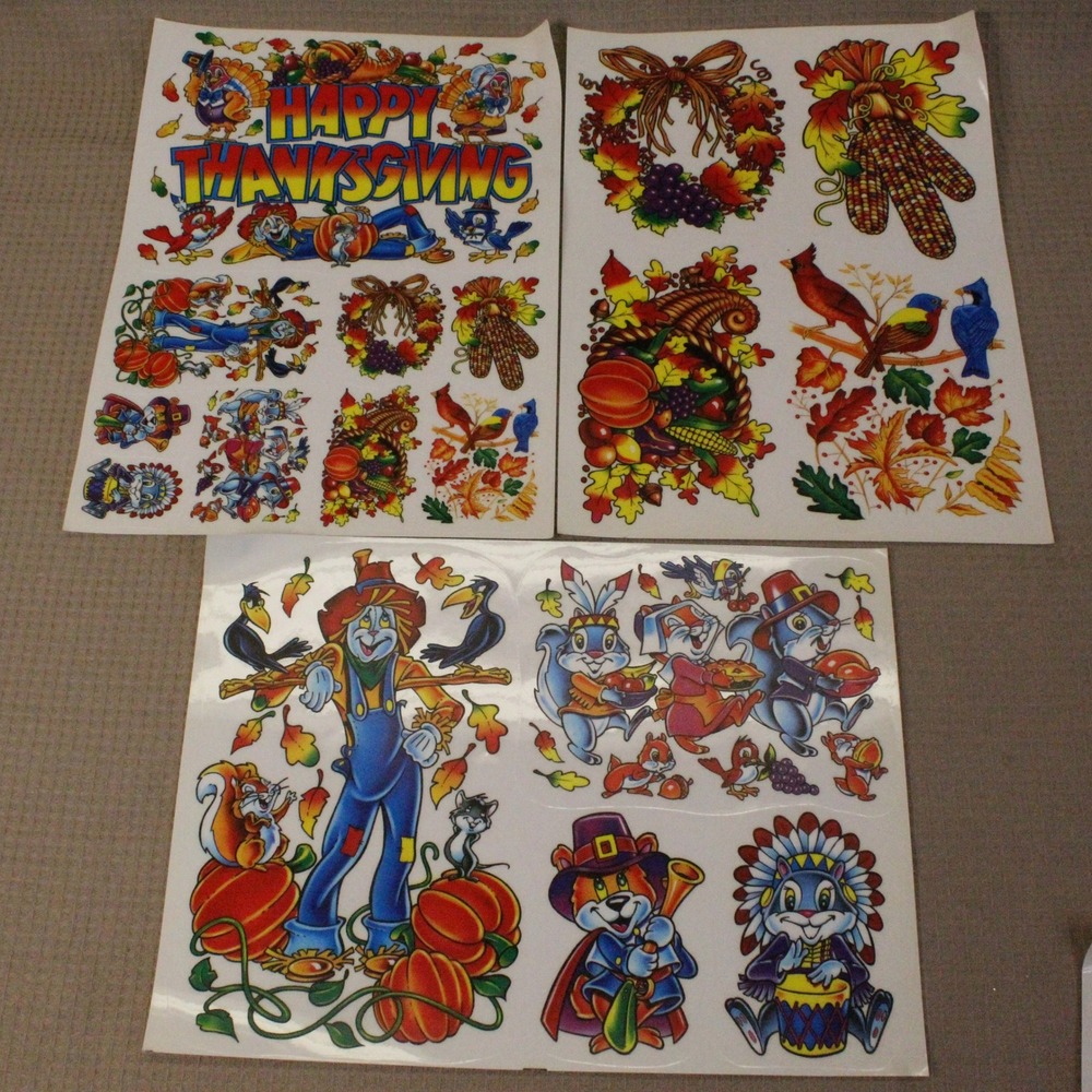 Vintage Thanksgiving Window Clings 3 Sheets Multicolor Fall Decor Cottagecore